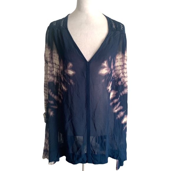Free People Navy & Cream Sheer Small Oversized Festival Boho Tie Dye V Neck Top - Picture 1 of 6